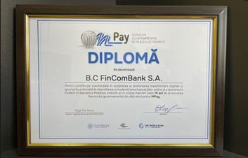 FinComBank a fost decernat cu diplomă pentru contribuţia substanţială în susţinerea şi promovarea MPay